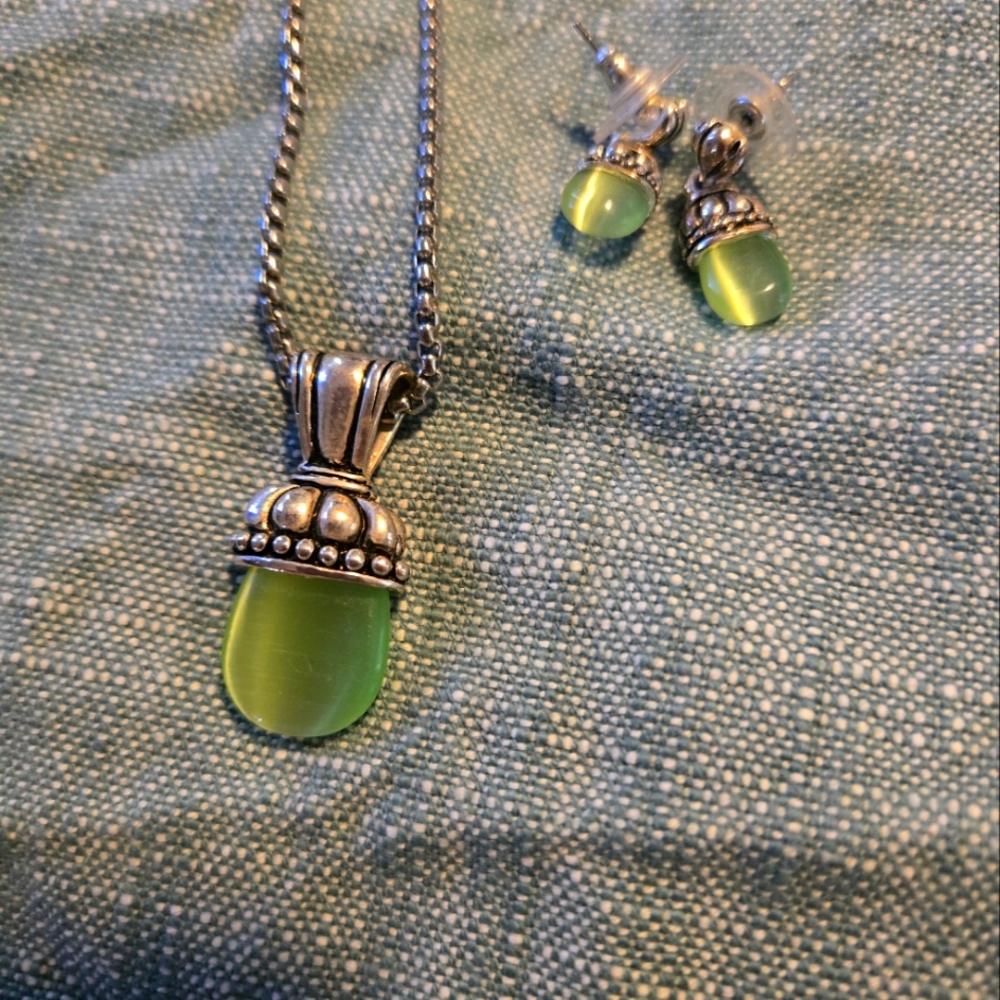 Brighton Green and Silver Necklace with Ornate Gemstone Pendant